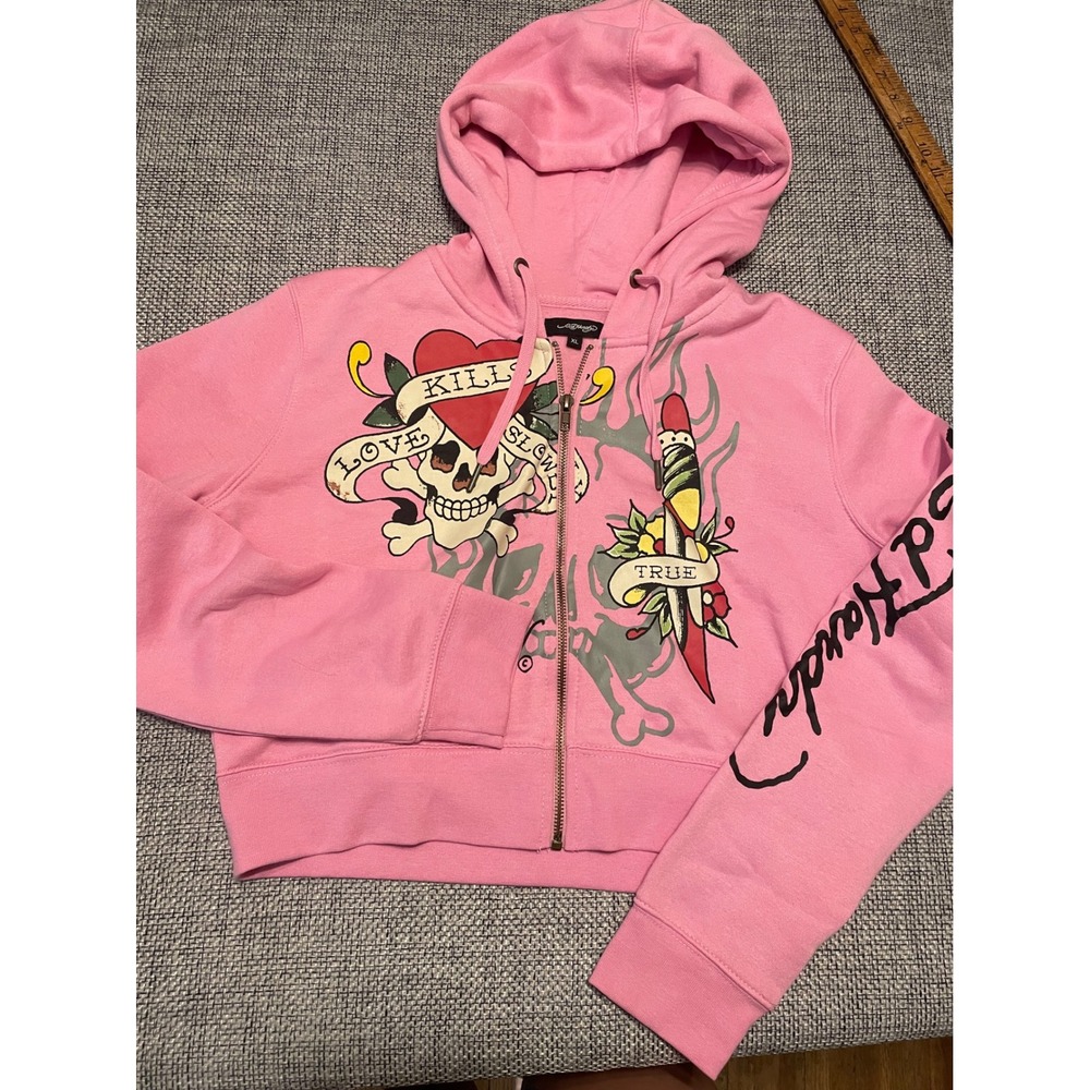 Ed Hardy Pink Cropped Zip Up Hoodie Love Kills Slowly Tiger Graphic XL EMW1800
